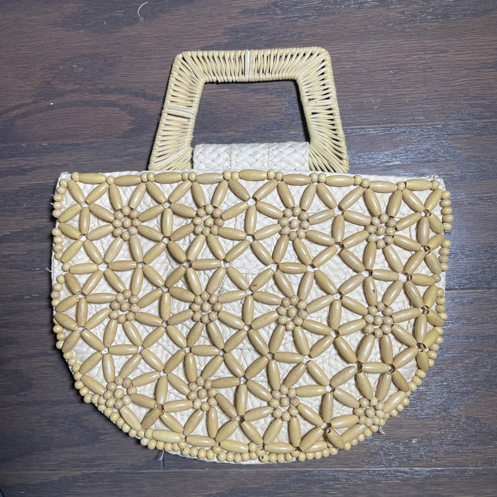 A New Day Floral Design Macrame Weave  Half Moon Tote Handbag -- Sand